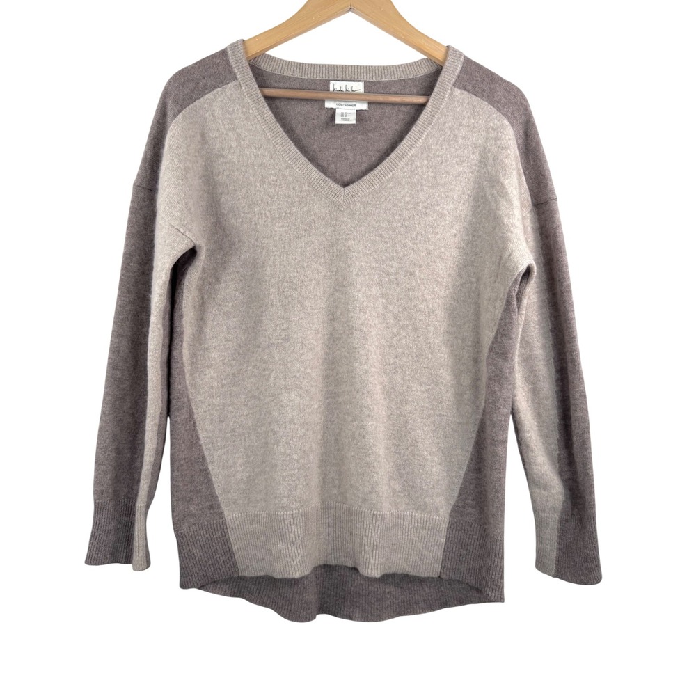 Nicole Miller 100% Cashmere V-Neck Sweater money preppy classic Tan‎ sz XS